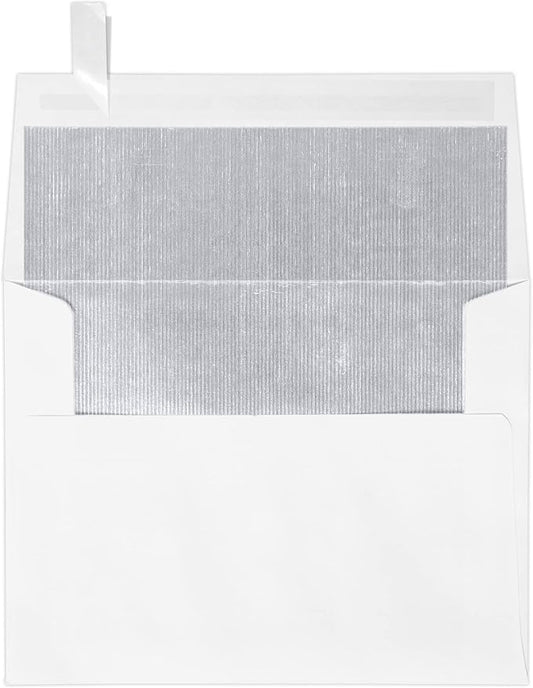 LUXPaper A2 Foil Lined Invitation Envelopes | Peel & Press | 4 3/8" x 5 3/4" | White w/Silver LUX Lining | 70lb. Text | 50 Qty