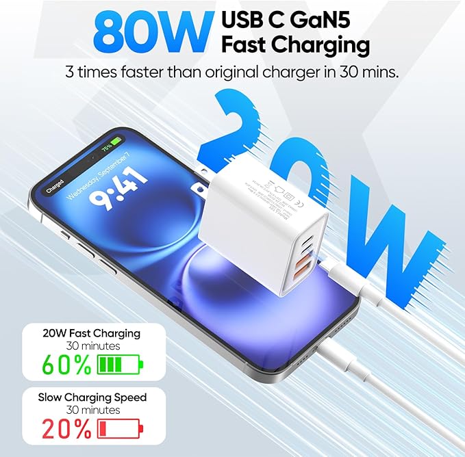 [2-Pack] USB C Wall Charger,80W 4-Port Type C Fast Charging Block,USBC Multiport Wall Plug PD&QC GaN Charging Cube with 6.6FT USB C Cable for iPhone 16/15/14/13/12/11/Pro Max/XS/XR, Samsung（White