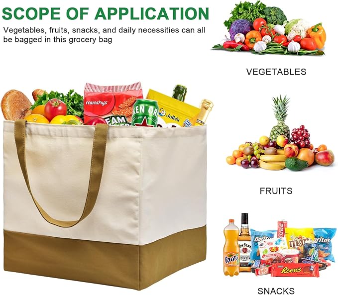Canvas Reusable Grocery Bags, Heavy Duty 8.3 gal Foldable Large Canvas Tote Bag, Holds 60 lbs, 1 Pack