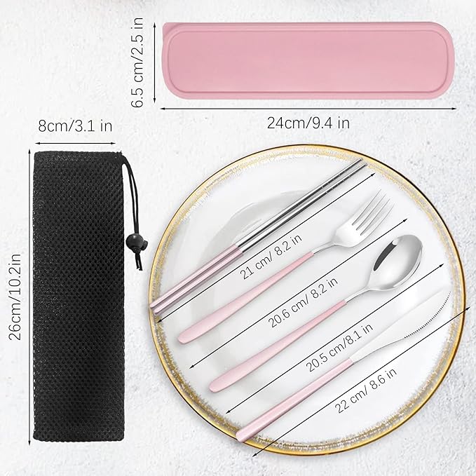 Portable Travel Utensils Set with Case, Pink Reusable Silverware Set, TWUTGAYW 18/8 Stainless Steel Knife Forks Spoons Chopsticks Reusable Travel Camping Cutlery for Lunch Box Office Picnic Daily Use