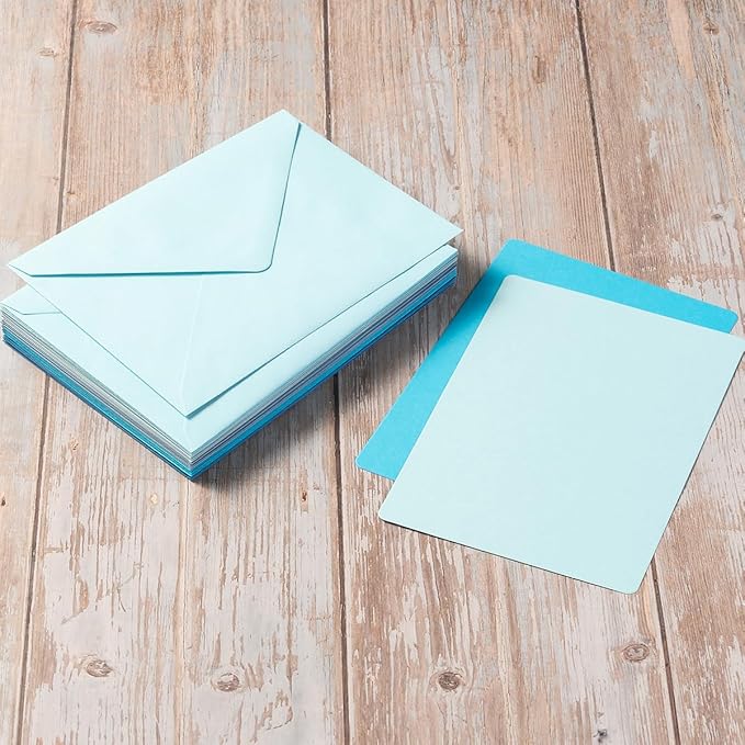 Wishop 25 Pieces A7 Colored Envelopes with Cards and Stickers Set 5 Colors for Weddings, Invitations, Birthday, Baby Shower, 5x7 inches (Blue 5Colors)