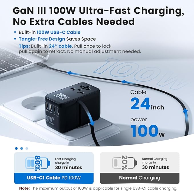 Universal Travel Adapter, for GaN 100W International Power Adapter Built-in Type-c Cable Fast Charging & 4 USB Charging Ports, All-in-One Wall Charger for US to Europe EU UK AUS Black