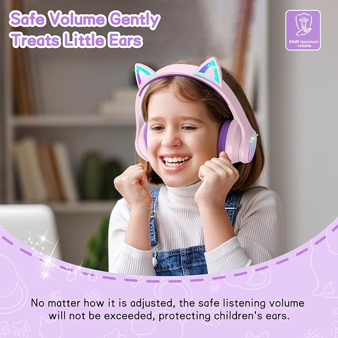 LOBKIN Kids Bluetooth Headphones,Over Ear Kids Headphones Wireless with Mic 50H Playtime Colorful LED Lights AUX Cord 94dB Safe Volume Limited Foldable Design for Boy Girl Travel/School/iPad