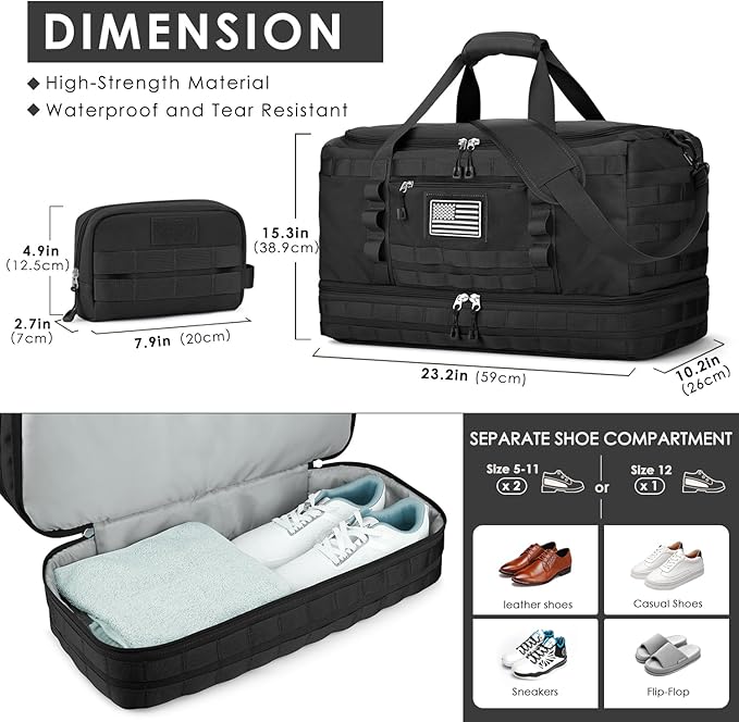 ETRONIK Travel Bag for Men Women, Gym Bag & Tactical Duffle Bags for Travel, Carry on with Toiletry Bag and Shoe Compartment, Weekender Overnight Trip with Wet Pocket for Workout Medical, Black