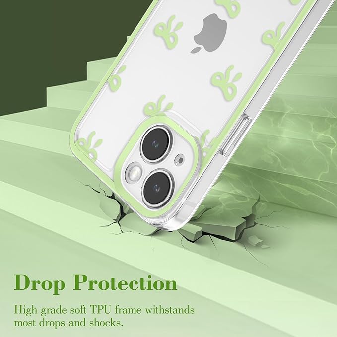 EYZUTAK Case for iPhone 13, Clear Cute Ribbon Bowknot Pattern Aesthetic Transparent Phone Case Raised Camera Protection Stylish Slim Soft Durable TPU Protective Cover for Women Girls - Green