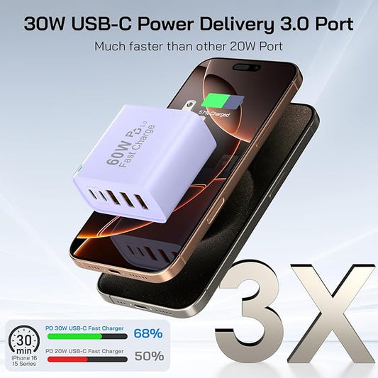 2Pack USB C Fast Charger Block, 60W 5-Port USB C Wall Charger 30W Type C Charging Block, 2USB C+3USB A PPS/PD 3.0 Multiport Charging Cube for iPhone 17 16 15 14 Pro Max,for Galaxy S25 S24 Ultra, i Pad