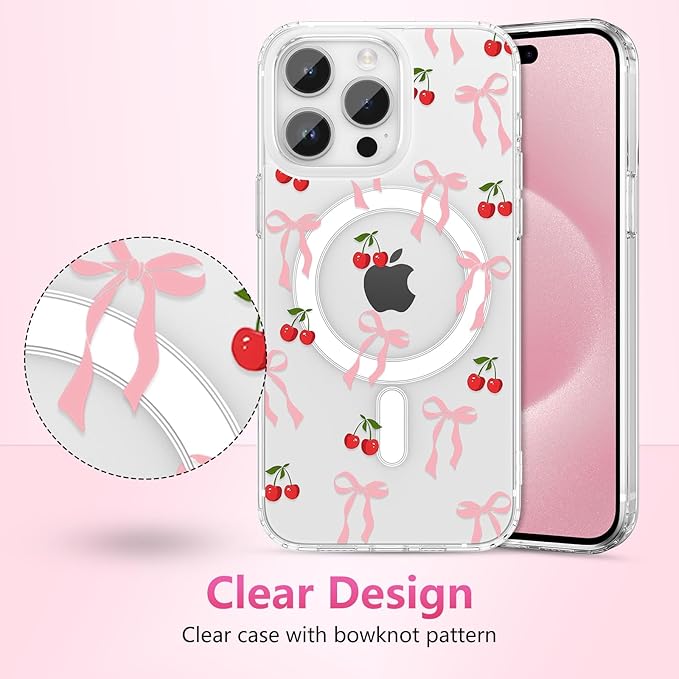 ZTOFERA for iPhone 16 Pro Max Magnetic Case Clear,Cute Love Heart Ribbon Bow Tie Aesthetic Phone Case,Transparent Trendy Slim Soft Shockproof Protective Phone Cover for Women Girls,Peach Pink