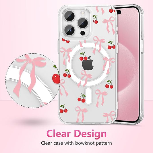 ZTOFERA for iPhone 14 Pro Max Magnetic Case Clear,Cute Love Heart Ribbon Bow Tie Aesthetic Phone Case,Transparent Trendy Slim Soft Shockproof Protective Phone Cover for Women Girls,Peach Pink