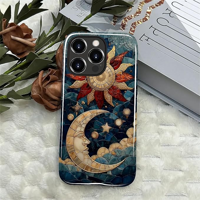 Case for iPhone 13 Pro Case,Sun Moon Stars Faux Stained Glass Design - Hybrid Dual Protection Silicone + Hard PC Shockproof Full Body Cover Slim Anti-Scratch Protective Case for Men Women