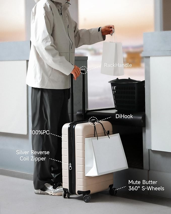 LUGGEX Carry On Luggage with Spinner Wheels - 20 inch Hardshell Suitcases - Accelerate Access with DiHook, Handy Pouch, TSA lock, Black