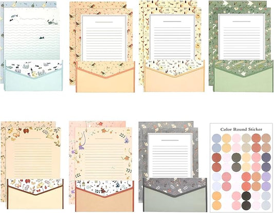 64 Pcs Stationery Paper Envelopes Set Includes 42 Lined Writing Paper & 21 Envelopes with 48 Colorful Round Dot Stickers, Cute Vintage Floral Letter Writing and Stationery Paper Envelopes(7Style)