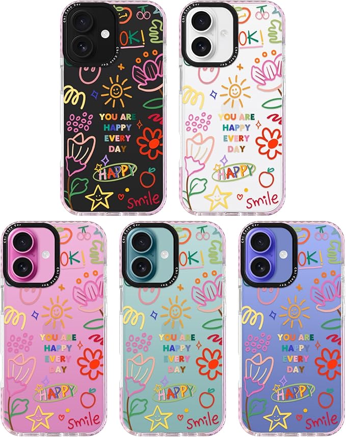 for iPhone 16 Case, Doodle Happy Collage Pattern, Military-Grade Drop Protection, Cute Soft Slim TPU Protective Cover with Camera Lens Protection for Women & Girls