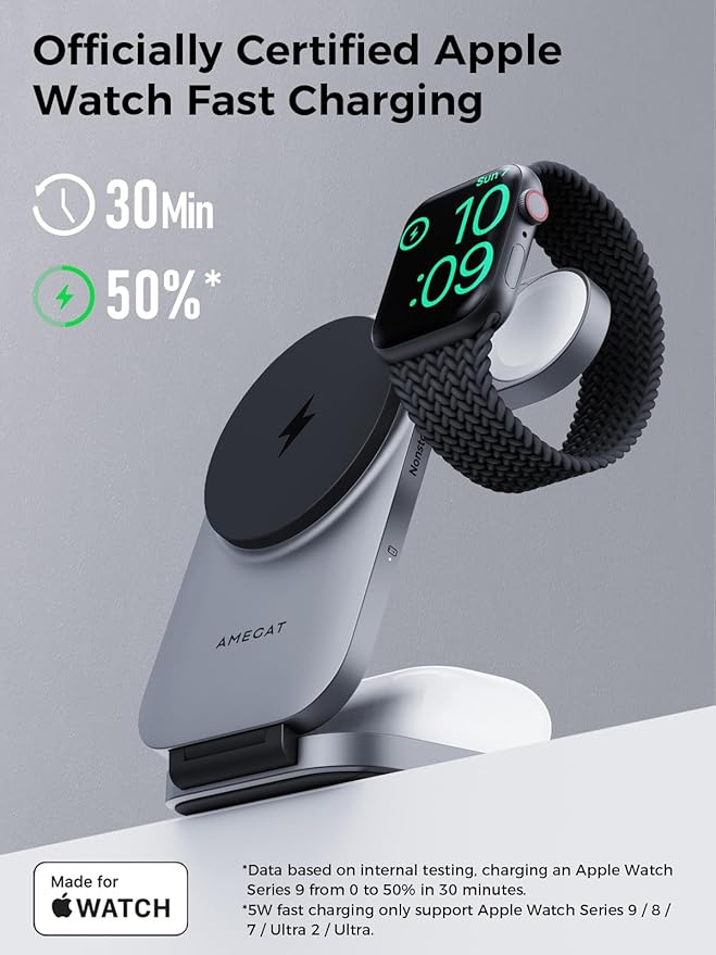 3 in 1 Charging Station, MagFusion Z Foldable Qi2 Certified 15W Wireless Charger Stand Compatible with MagSafe for iPhone 17/16/15/14/13/12, Apple Watch, AirPods (30W PD Charger Included)