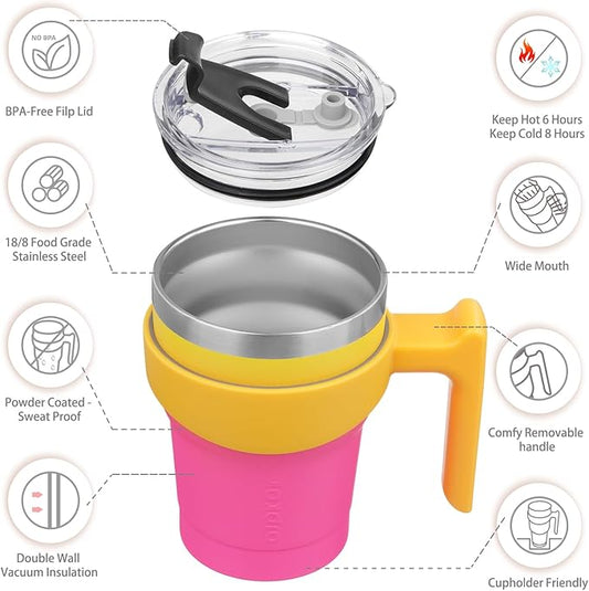 BJPKPK 10 oz Tumbler With Handle And Straw Stainless Steel Travel Mug Insulated Tumbler Cups With Lids,Pink Yellow Rose