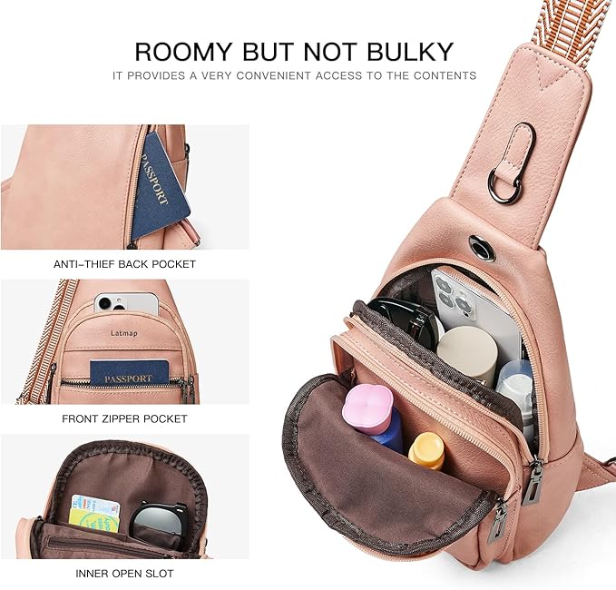 7L Sling Bag For Women Faux Leather Anti Theft Small Casual Daypack Backpack Fanny Pack Crossbody Chest Bags Purse Waterproof Light Pink