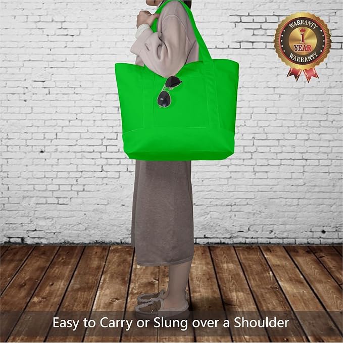 TOPDesign 1-Pack Canvas Tote Bag with an External Pocket, Reusable Grocery Shopping Bag, Top Zipper Closure, Daily Essentials (Lime Green)