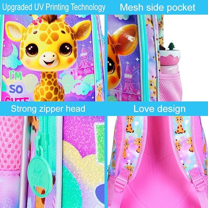 3Pcs Backpack for Girls, 16" Kids Bookbag with Lunch Box, Giraffe School Backpacks Set for Elementary Preschool Kindergarten(Pink)