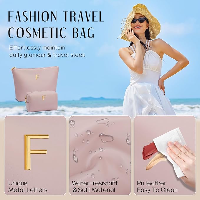 Women Gifts | Initial Makeup Bag Set for Girl Personalized Gifts for Bridesmaid Friend Graduation Teachers PU Leather Cosmetic Travel Toiletry Bag(Pink,F)