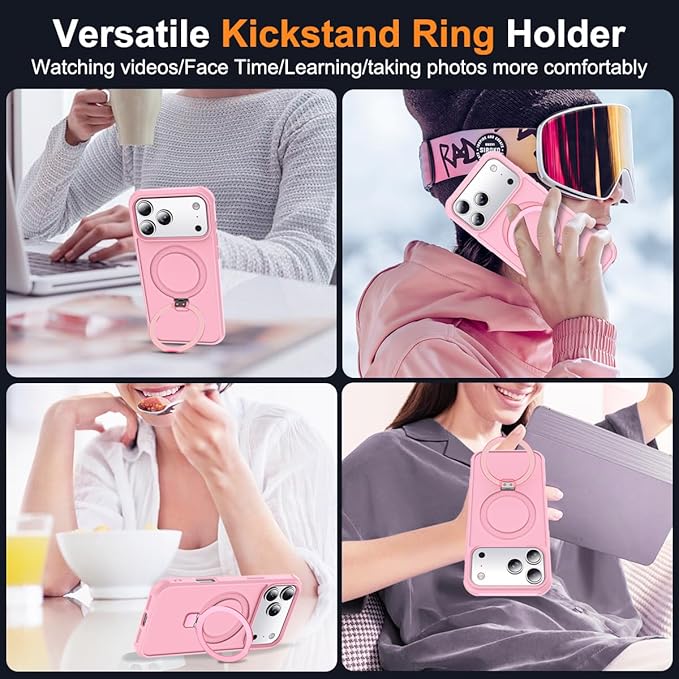 Compatible with iPhone 17 Pro Max Case with Invisible Magnetic O-Ring Stand Military-Grade Translucent Case for iPhone 17 ProMax 6.9" [Compatible with Mag-Safe][Great Grip Feeling], Pink