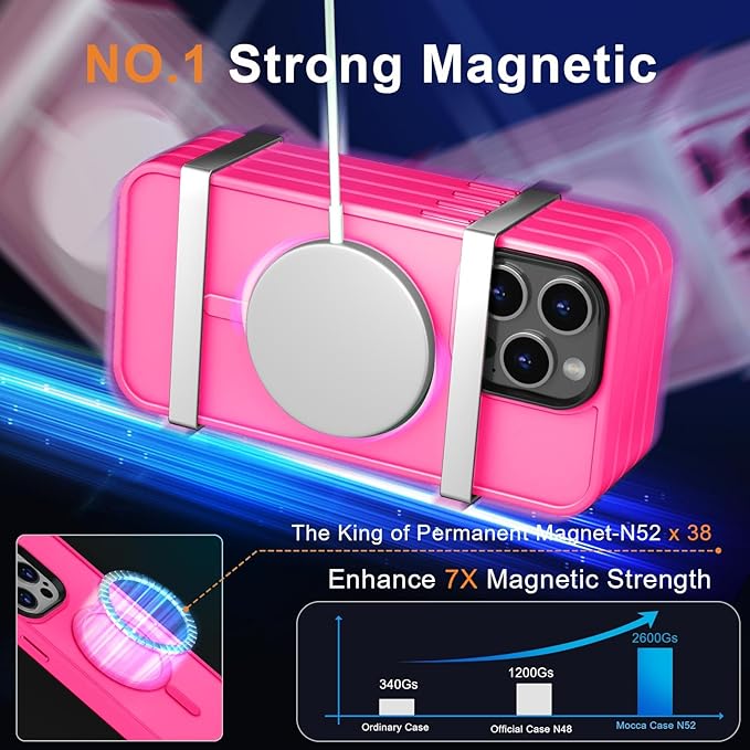 MOCCA Strong Magnetic for iPhone 13 Pro Max Case,[Compatible with Magsafe][Glass Screen Protector+Camera Lens Protector] Slim Thin Shockproof Cover Phone Case for iPhone 13 Pro Max 6.7", Hot Pink