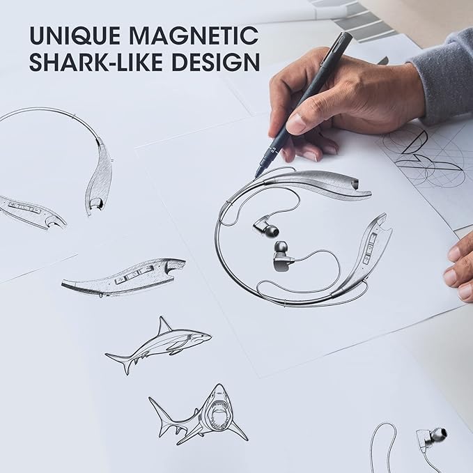 Neckband Bluetooth Headphones, Around The Neck Headphones 24H+ Playtime, Bluetooth Headsets with Call Vibration, Shark Jaw Design Wireless Earbuds+Noise Isolation/Mic/IPX7 Waterproof, Silver