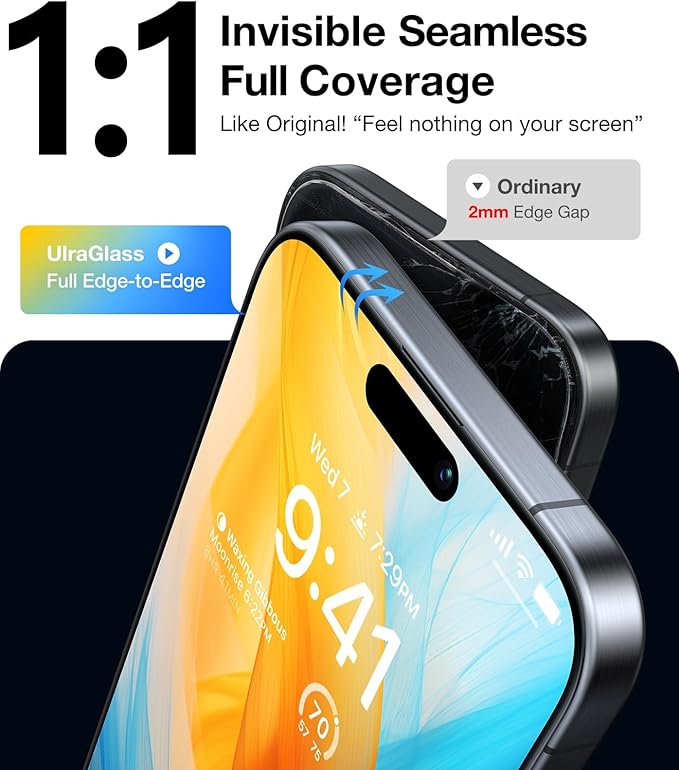 UltraGlass Unbreak Top 9H+ Glass for iPhone 15 Screen Protector (12FT Military Grade Shatterproof & Longest Durable) Screen Protector iPhone 15 Tempered Glass, Full Coverage, 2 Pack