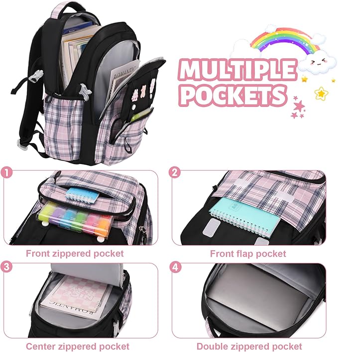 Backpack for Girls, Kids Girls Backpacks Set with Lunch Bag Pencil Case, Cute Bookbag Waterproof Backpack for Elementary Middle School, Black-Pink
