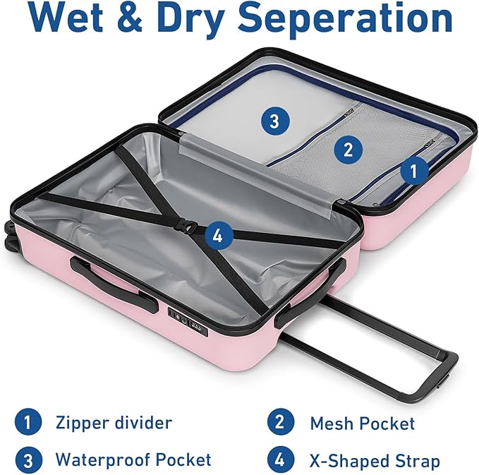 KYME Suitcase Hardshell With Double Spinner Wheels, PC+ABS TSA Lock Travel Luggage (Pink, 2Pcs Set(20"/24"))