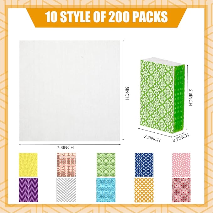 Thenshop 200 Packs Travel Tissues Bulk Geometric Designed Pocket Size Tissues, 3 Ply Paper Facial 2000 Count for Travelling Walking Weddings Graduation