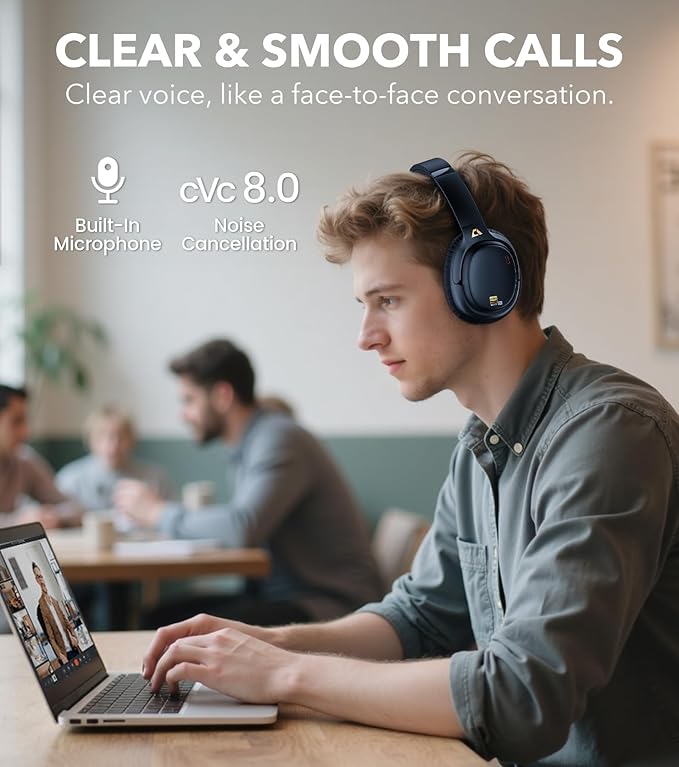 1Mii E700 Wireless Bluetooth Over Ear Headphones with Active Noise Canceling, Hi-Res Audio LDAC/aptX Low Latency for Airplane Travel Overhead Comfort, 54H Playtime, Custom EQ via App - Blue