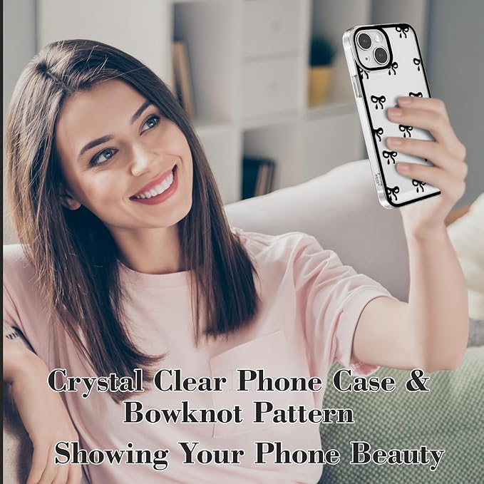 EYZUTAK Case for iPhone 15, Clear Cute Ribbon Bowknot Pattern Aesthetic Transparent Phone Case Raised Camera Protection Stylish Slim Soft Durable TPU Protective Cover for Women Girls - Black