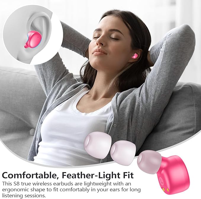 MOZOTER S8 Mini Wireless Earbuds Bluetooth 5.3 in Ear Light-Weight Headphones,60Hrs Playtime Ear Buds with Charging Case,Bluetooth Headsets,Premium Sound with Deep Bass for Sport-Barbiee Pink