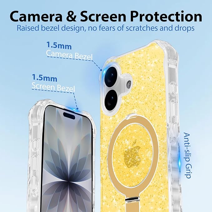 Magnetic for iPhone 17 Case with Invisible Stand, Compatible with MagSafe, Clear Bling Sparkle Shockproof Slim Anti-Slip Military Drop Protection Hard Phone Case 6.3" Glitter Gold