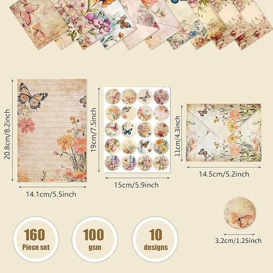 160 Pcs Stationery Paper Envelopes Set Includes 50 Lined Writing Paper & 50 Envelopes with 60 Colorful Round Dot Stickers, Cute Vintage Floral Letter Writing and Stationery Paper Envelopes(10Style)