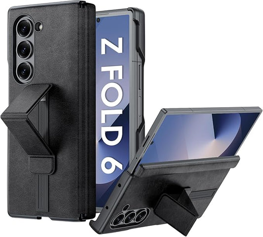 for Samsung Galaxy Z Fold 6 Case with Hand Strap & Kickstand & Hinge Protection, Ultra Slim Skin Feel Pattern Printing Full Body Shockproof Phone Case for Z Fold 6, No Screen Protector (Vintage Black)