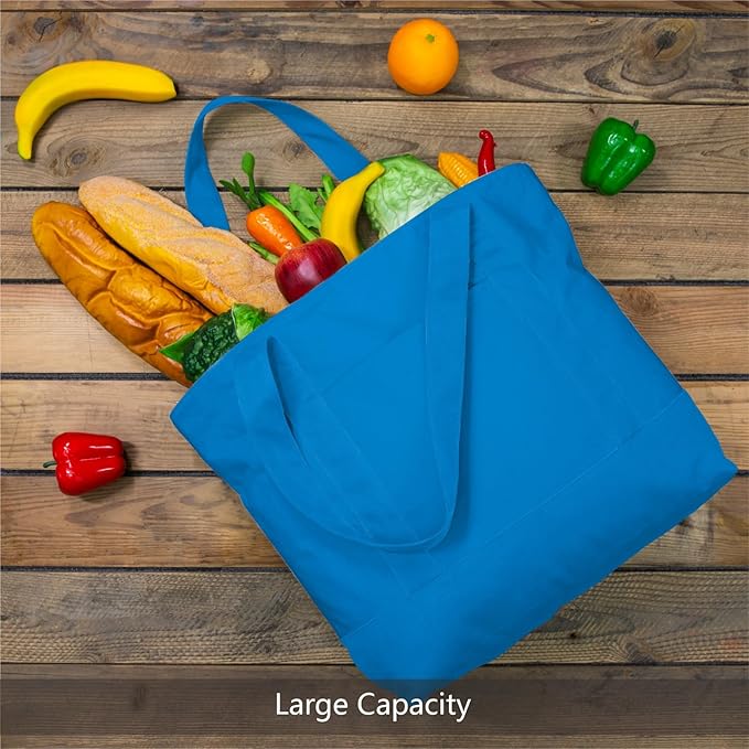 TOPDesign 1-Pack Canvas Tote Bag with an External Pocket, Reusable Grocery Shopping Bag, Top Zipper Closure, Daily Essentials (Ocean Blue)