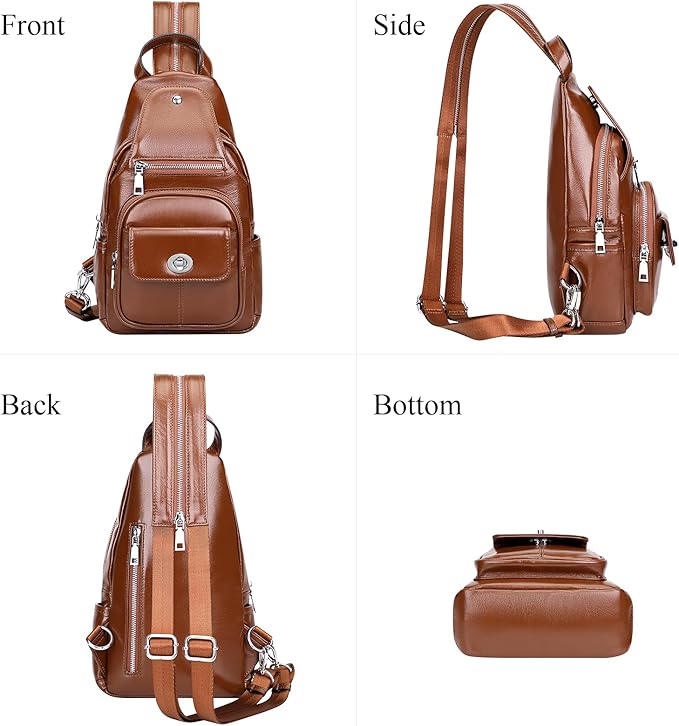 Over Earth Genuine Leather Sling Bag for Women Men Small Crossbody Purse Causal Hiking Chest Backpack (O212E Brown)