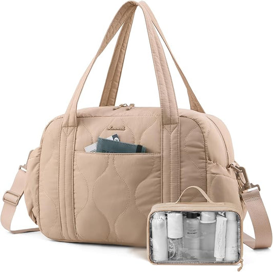LOVEVOOK Gym Bag for Women, Puffer Travel Duffle Bag with Wet Pocket, Lightweight Carry On Bag Weekender Overnight Bag with Toiletry Bag, Multiple Pockets Hospital Bags for Labor and Delivery, Khaki
