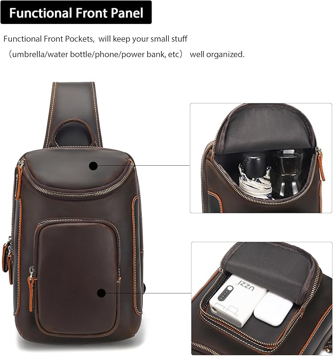 LANNSYNE Full Grain Leather Sling Bag For Men, Crossbody Chest Daypack Fits 10.5" iPad, Men’s Crossbody Bag