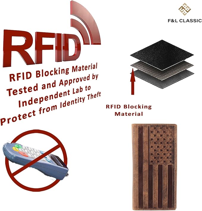 F&L CLASSIC Men's RFID Vintage Look Genuine Leather Long Bifold Wallet Checkbook Wallets,brown flag,240-100