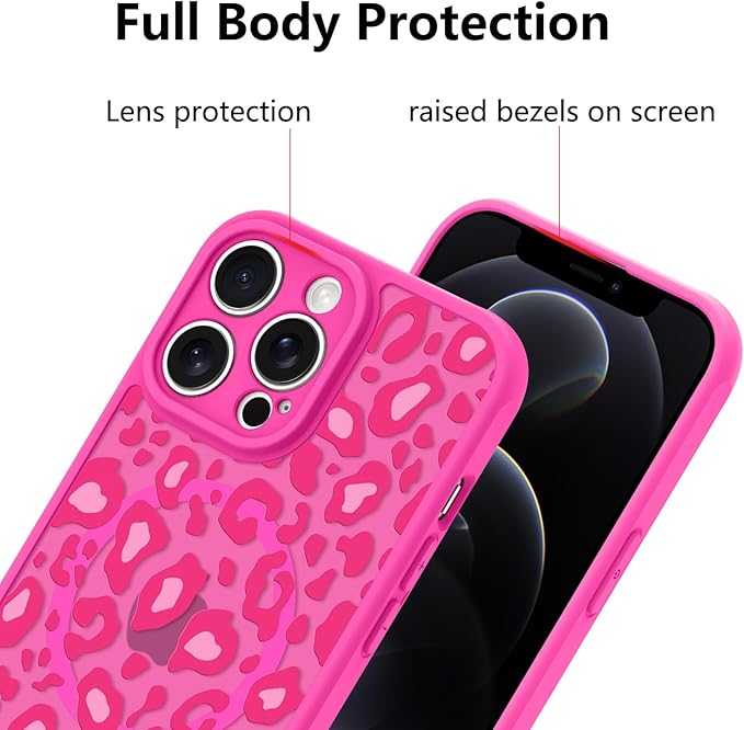 KANGHAR Case for iPhone 12 Pro Hot Pink Leopard Printed Pattern Cute Cheetah [Compatible with Magsafe] Protective Magnetic Case for Girls Women 6.1"