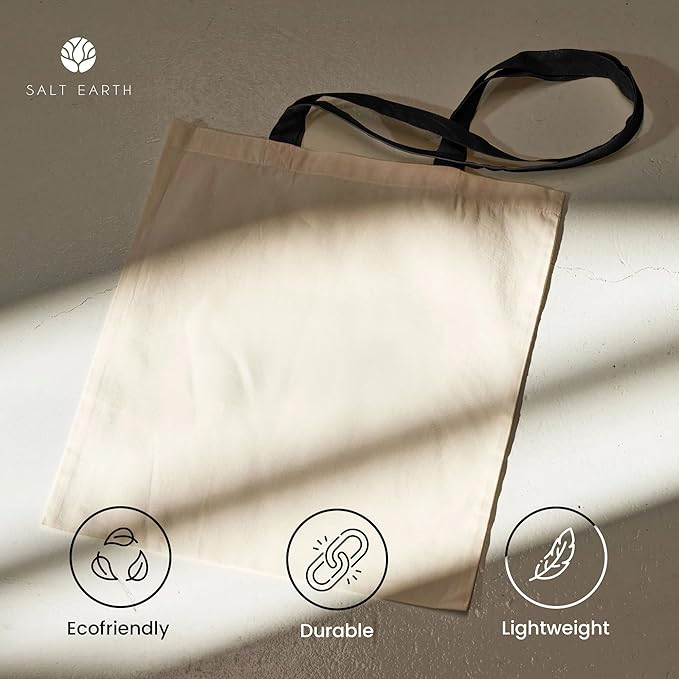 Salt Earth Pack of 5 | 6 | 12 | 24 | 48 – 100% Cotton Reusable Tote Bags – Bulk Grocery, Shopping, DIY, Beach & Gift Use