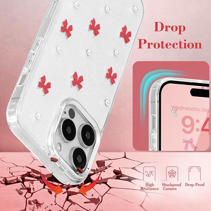 EYZUTAK Case for iPhone 13 Pro Max, Bling Glitter 3D Bowknot Phone Case Cute Sparkly Crystal Clear Bow Aesthetic Design Case Slim Soft Durable TPU Transparent Protective Cover for Women Girl-Red Bow