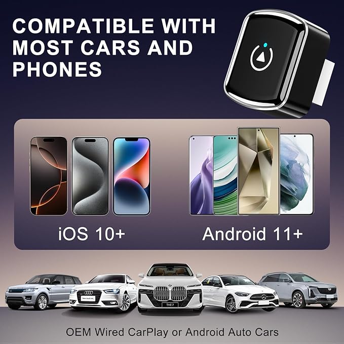 2 in 1 Wireless Carplay Adapter for Apple CarPlay & Android Auto, Mini Size with USB-A & USB-C Extension, Plug and Play, Car Play Wireless Adapter Compatible with iPhone iOS 10+, Android 11+