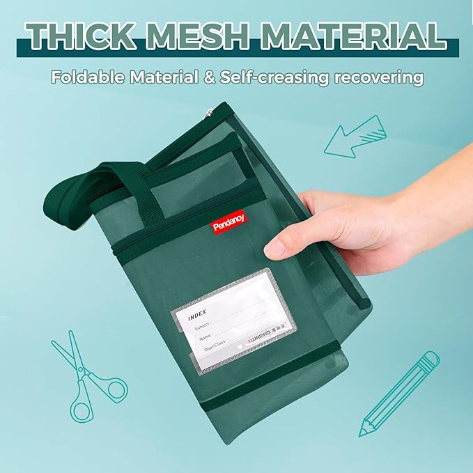 Pendancy Mesh Zipper Pouch A4 Size, Large Double Pocket Lightweight Nylon Transparent File Bag with Handle, 11x13.8 in Foldable Document Storage for Puzzle Project/Cross Stitch/Travel/Office (Green)