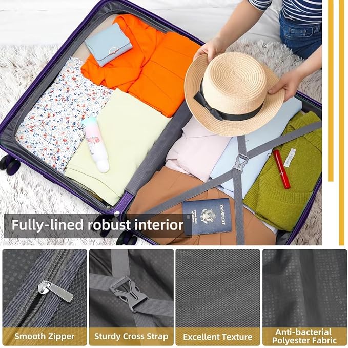 LARVENDER Luggage Sets 3 Piece with Duffel Bag Hardside PP Carry On Suitcase with 360° Spinner Wheels TSA Lock Luggage Sets for Women, Grape Purple