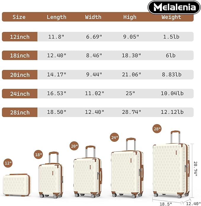 Melalenia Luggage Sets 4 Piece Hard Shell Carry on Suitcase with Spinner Wheels and TSA Lock, Lightweight Travel Duffel Bag for Women, Beige Brown
