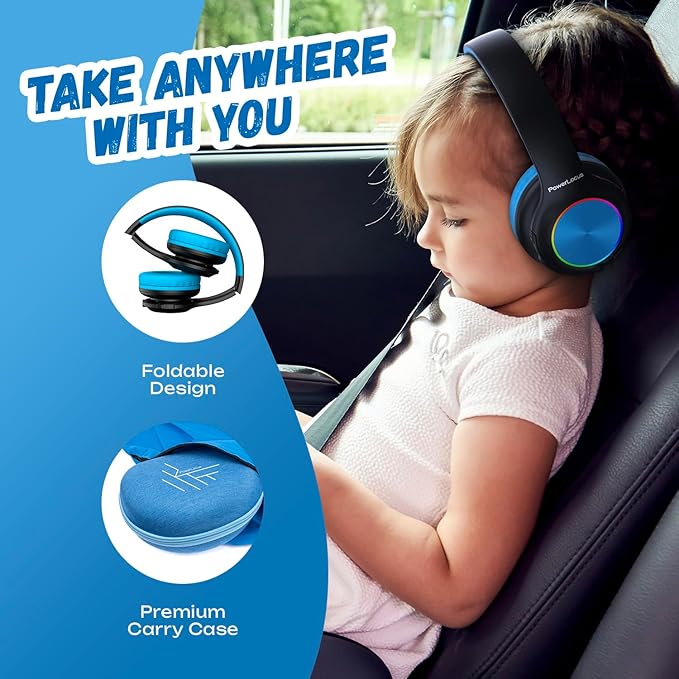 PowerLocus PLED Kids Bluetooth Headphones, Kids Wireless Headphones with LED Lights, 74/85/94dB Safe Volume, Micro SD, AUX Cable, Hi-Fi Stereo, Built-in Mic Over Ear Kid Headphone for Travel/Tablet/PC