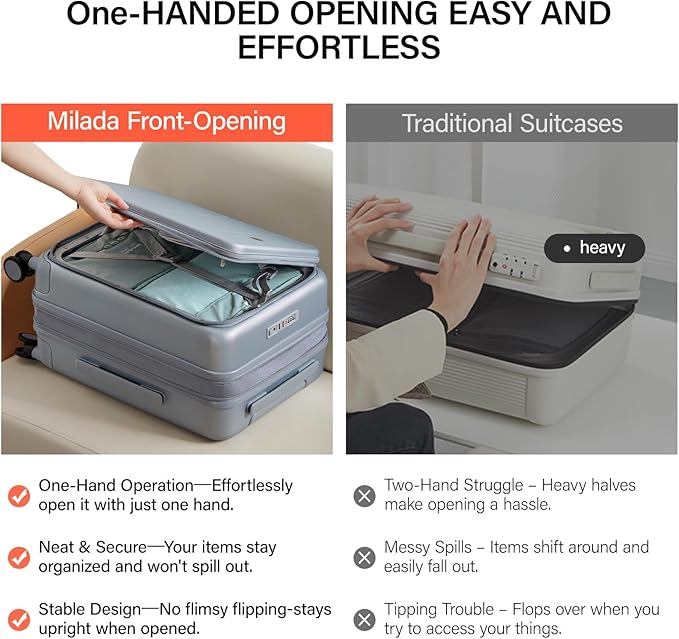 MILADA Expandable Checked Luggage 24 Inch Top Opening Travel Luggage Hard Shell Suitcases with Wheels TSA Approved Luggage Trunk Rolling Medium Checked Suitcase, Grey