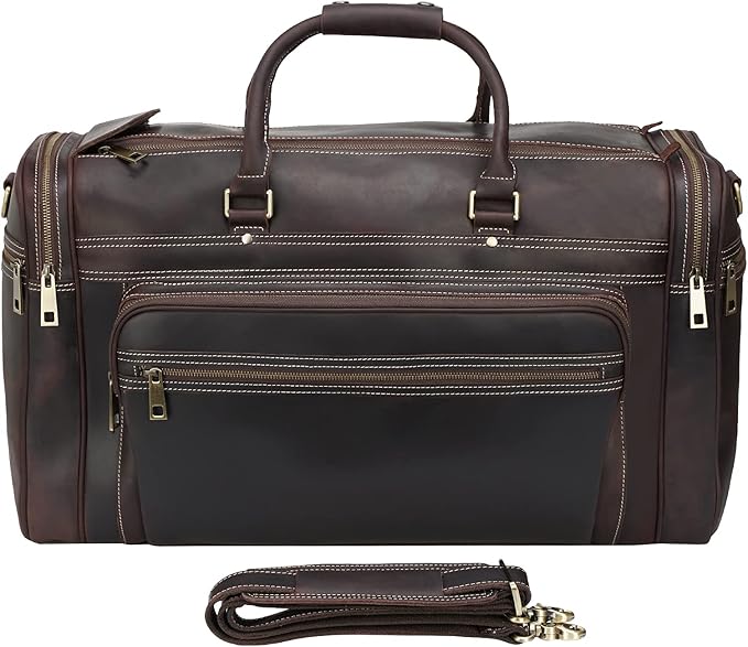 Polare 24" Retro Full Grain Leather Travel Overnight Luggage Weekender Duffel Bag with YKK Zippers